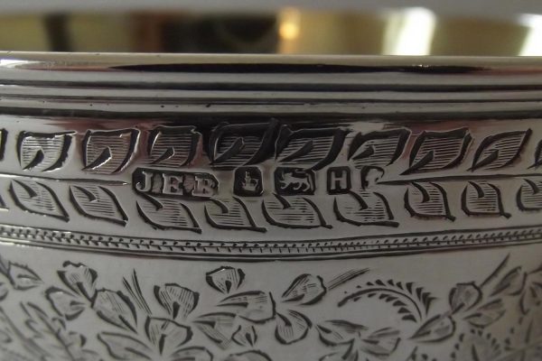 Closeup of hallmarks on Victorian silver bowl